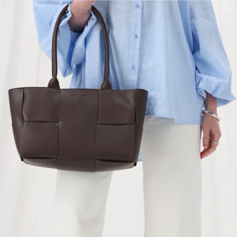 Woven Leather Tote Bag in Dark Brown